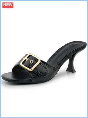 Kitten Heel Square Open Toe Mule Sandals Slip On Buckle Low Heel